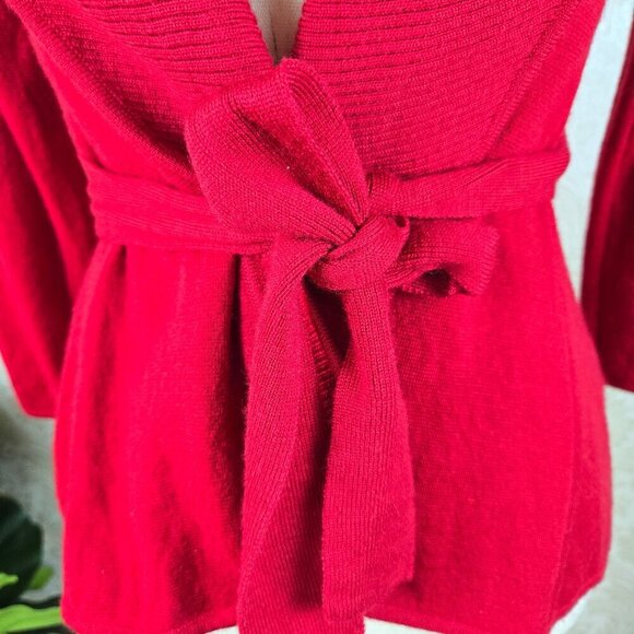 BCBGMaxAzria Size Medium Red 100% Merino Wool Sweater Cardigan Waist Tie Belt - Picture 3 of 11